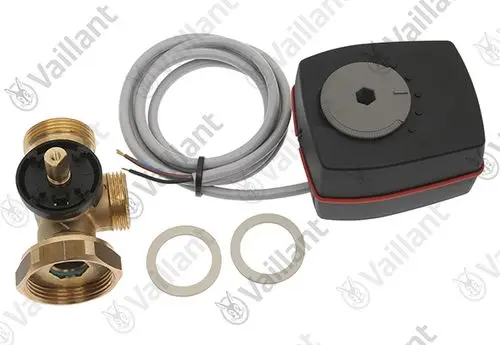 Vaillant Mischermodul mit zwei Anschlussgewinden, elektrischem Antrieb und Kabel. Enthält zwei Dichtungen für die Installation.